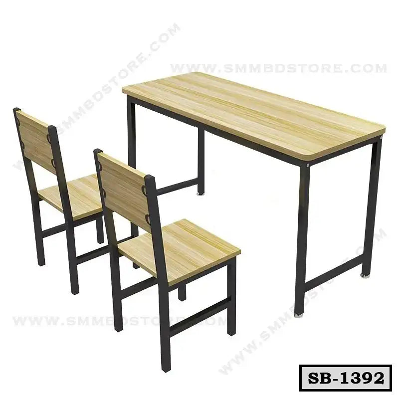 Wooden school bench with metal frame and two matching chairs for classroom or study use Main image