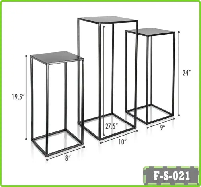 Set of 3 metal nesting plant stands, different heights, square display tables with measurements