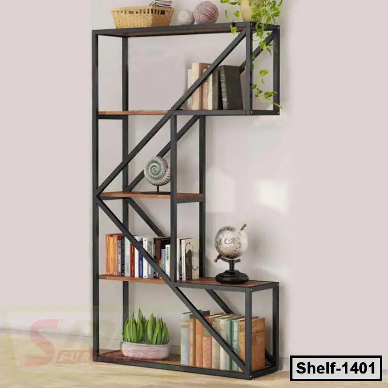 Modern black metal and wood bookshelf with books, decor, and plants against a light wall.