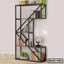 Modern black metal and wood bookshelf with books, decor, and plants against a light wall.