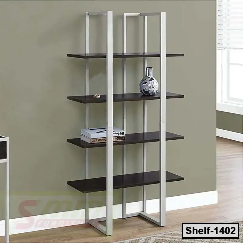 Modern metal and wood bookshelf with decorative items in a contemporary living room Main image