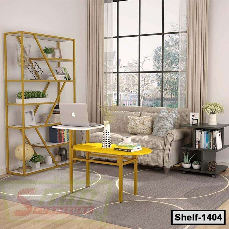 Modern living room with geometric bookshelf, coffee table, sofa, and natural light