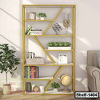Modern geometric wooden bookshelf with plants, books, decor, and globe in a living room