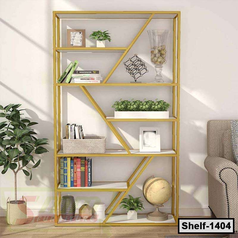 Modern geometric wooden bookshelf with plants, books, decor, and globe in a living room