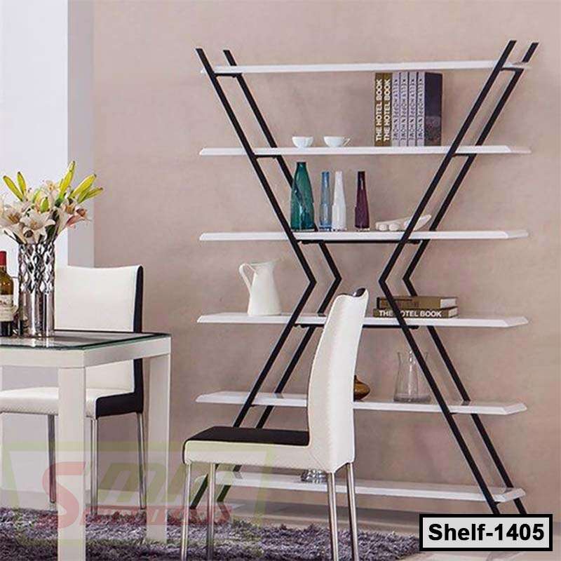 Modern black and white metal shelf with books and decor in a stylish dining room Main image