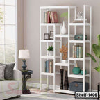 Modern white bookshelf shelf-1406 with books and decor items in living room setting