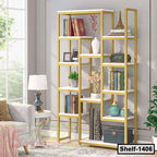Modern gold metal and white bookshelf with decor and books in a bright living room