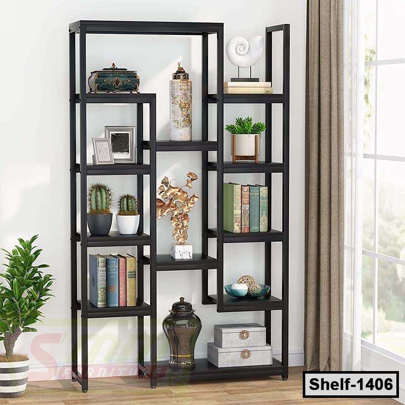 Modern black metal bookshelf with decorative items, books, and plants by a window Main image