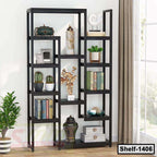 Modern black metal bookshelf with decorative items, books, and plants by a window