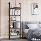 Modern wooden and metal wall shelf with books and decor in a cozy bedroom setting