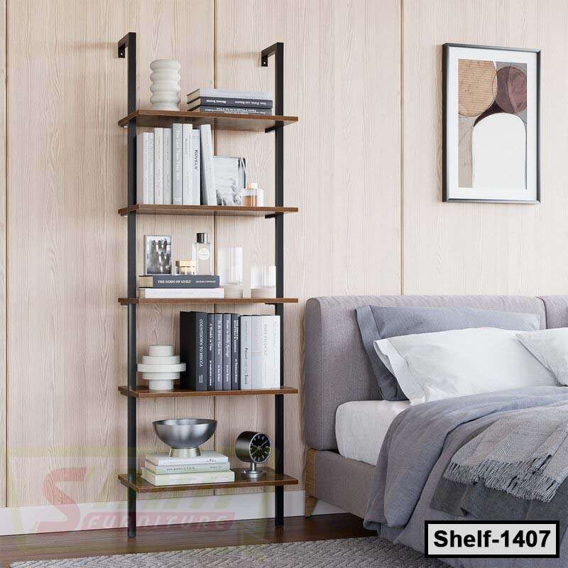 Modern wooden and metal wall shelf with books and decor in a cozy bedroom setting