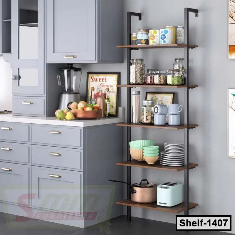 Modern kitchen with a multi-tier wooden shelf unit storing jars, dishes, and appliances