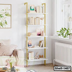 Modern white and gold bookshelf with books and decor in a bright living room setting