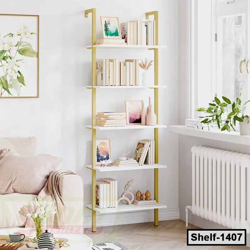 Modern white and gold bookshelf with books and decor in a bright living room setting