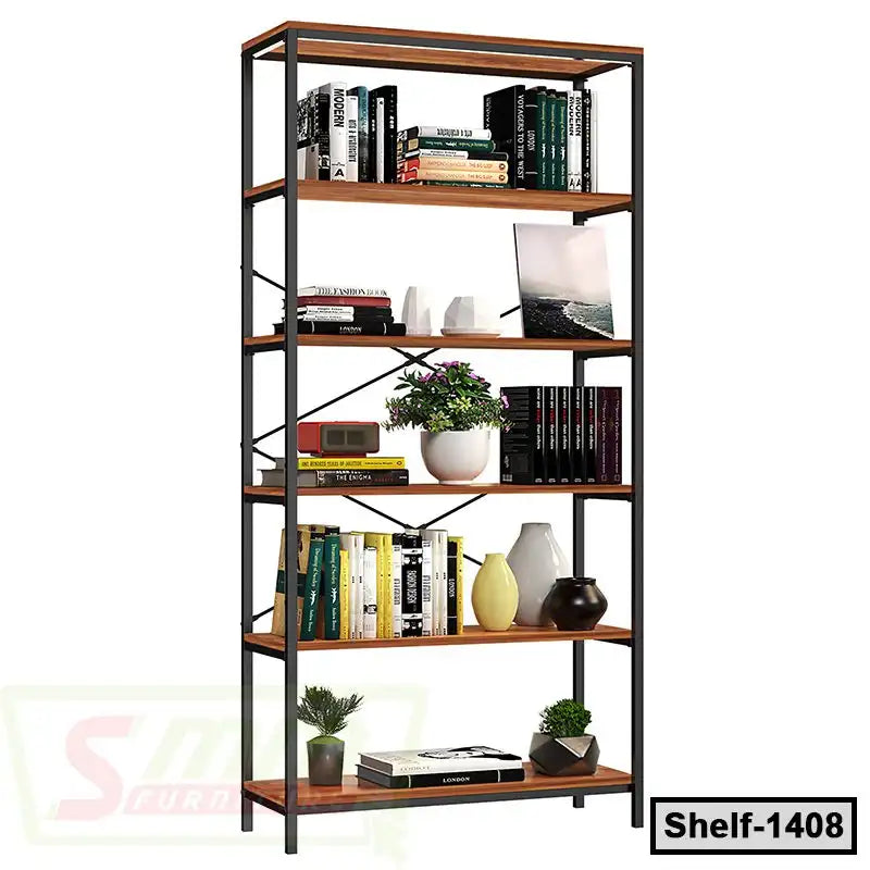 Modern wooden and metal bookshelf with books, decor, and potted plants, ideal for home or office Main image