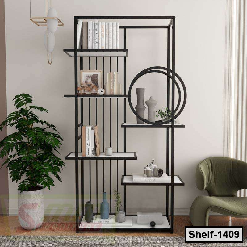 Modern black metal bookshelf with geometric design, books, decor, vases, and indoor plant Main image
