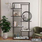 Modern black metal bookshelf with geometric design, books, decor, vases, and indoor plant