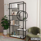 Modern black metal and white display shelf with books and decor in a stylish living room