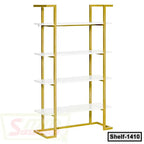 Modern gold frame shelving unit with four white shelves for home or office storage