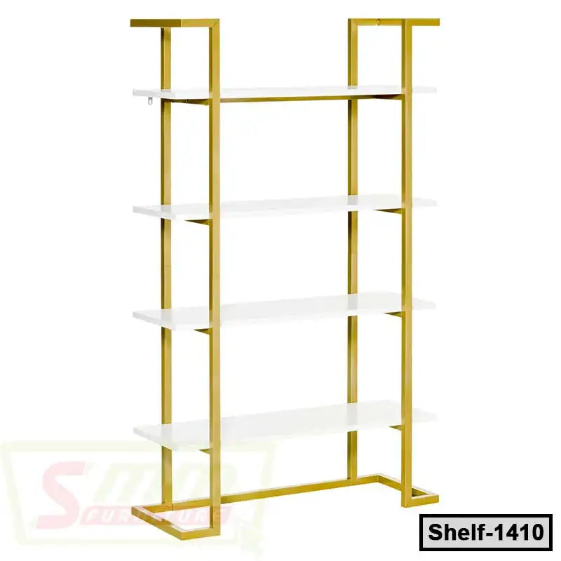 Modern gold frame shelving unit with four white shelves for home or office storage