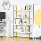 Modern gold and white bookshelf with books and decor, styled in a contemporary home office.