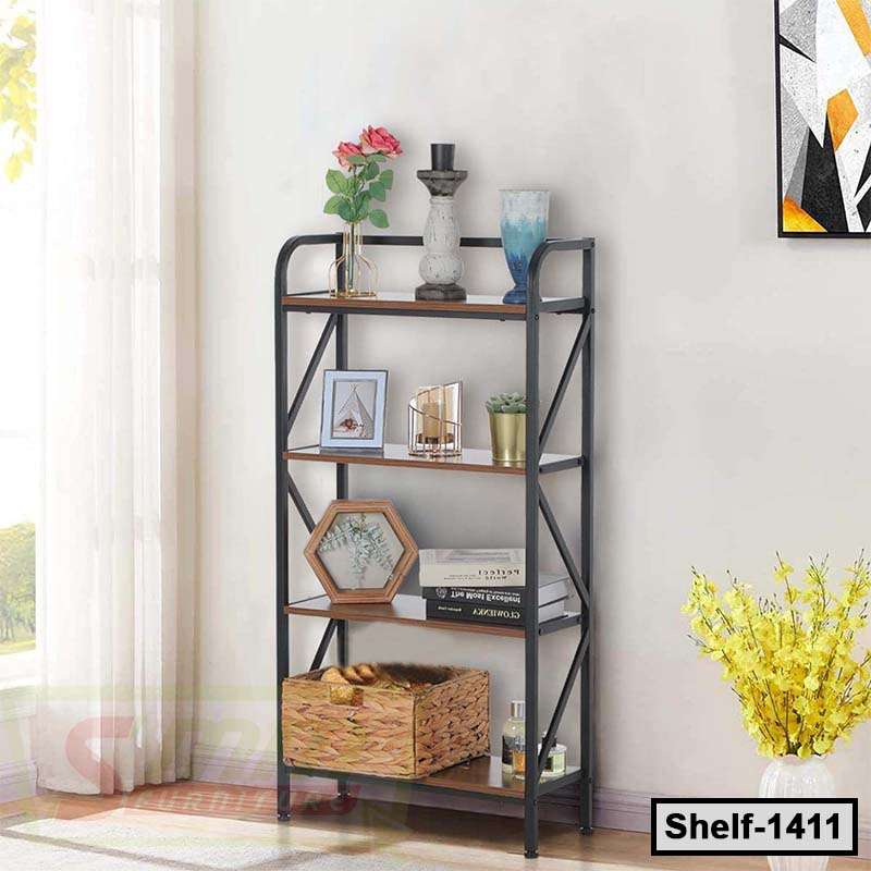 Modern metal and wood bookshelf with decorative items in a living room corner Main image