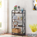Modern metal and wood bookshelf with decorative items in a living room corner