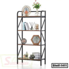 Modern metal and wood open bookshelf with decorative items and books, ideal for home or office