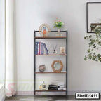 Modern metal and wood bookshelf with decor items in a bright home office corner