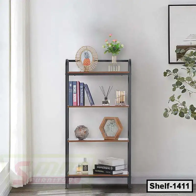 Modern metal and wood bookshelf with decor items in a bright home office corner