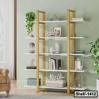 Modern gold and white bookshelf with decorative items in a stylish home interior