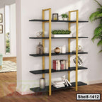 Modern black and gold bookshelf with decorative items in a living room setting