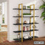 Modern black and gold bookshelf with decorative items in a living room setting
