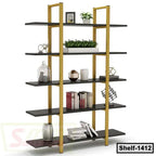 Modern black and gold open shelf with books, decor, and plants for home or office