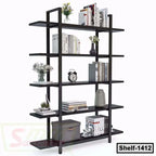 Modern black metal bookshelf with five open shelves, holding books, flowers, and decor items.