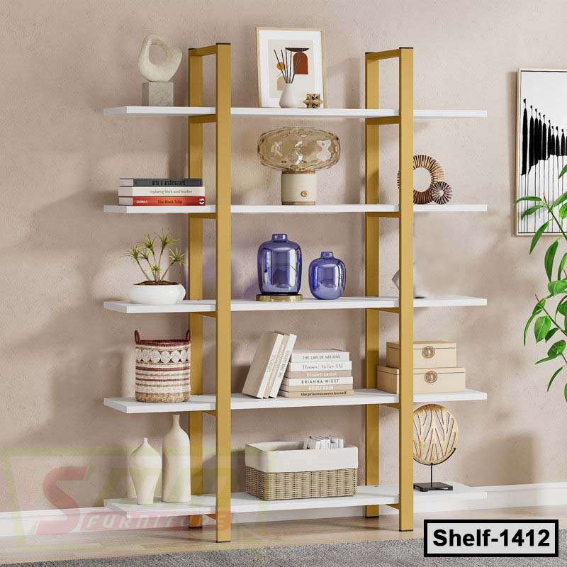 Modern open bookshelf with white shelves and gold frame, decorated with books, vases, and decor accents.