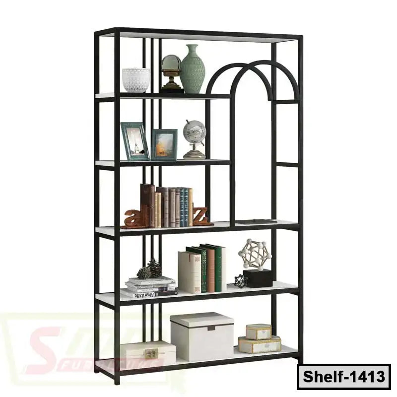 Modern black metal bookshelf with decorative items and books, ideal for home or office use