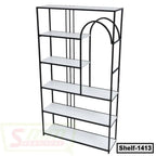 Modern metal and wood bookshelf with five white shelves and decorative arch design