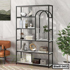 Modern metal and wood bookshelf with decor, books, and plants in a home office setting