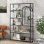 Modern metal and wood bookshelf with decor, books, and plants in a home office setting