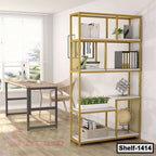Modern gold metal bookshelf with books, plants, and decor in a bright office setting.