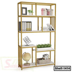 Modern open metal frame bookshelf with decor, books, folders, and indoor plant, shelf-1414