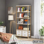 Modern gold and white bookshelf with books, decor, and drawers in a cozy bedroom setting