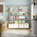 Modern wooden bookshelf with white drawers, books, and decorative home items in living room