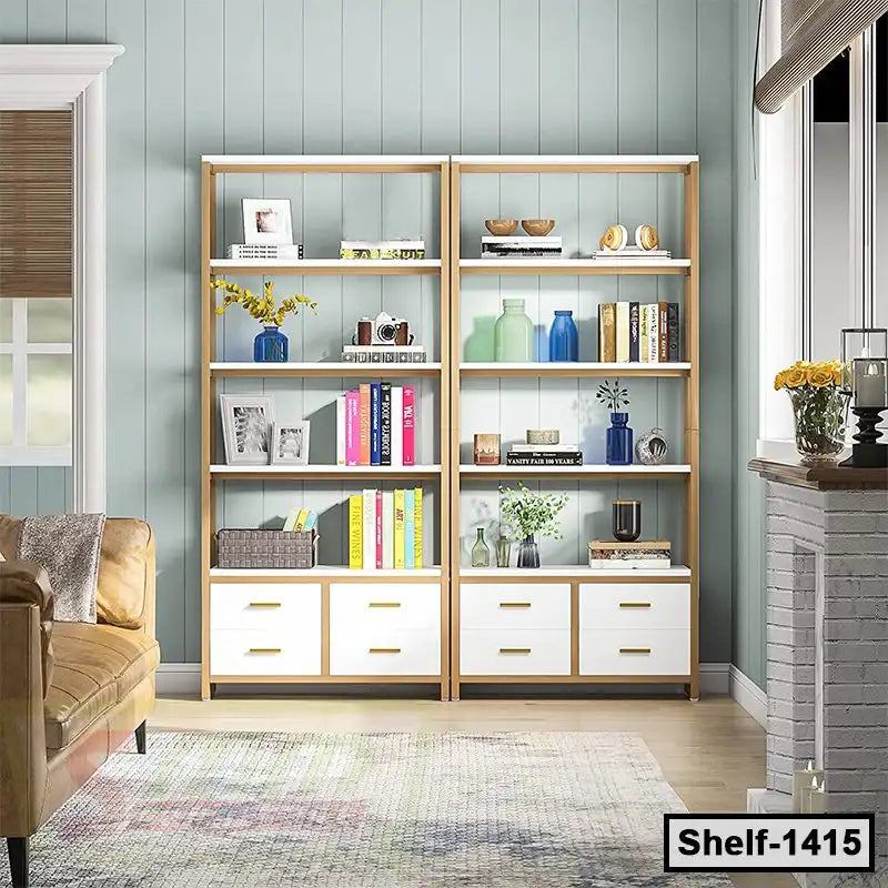 Modern wooden bookshelf with white drawers, books, and decorative home items in living room