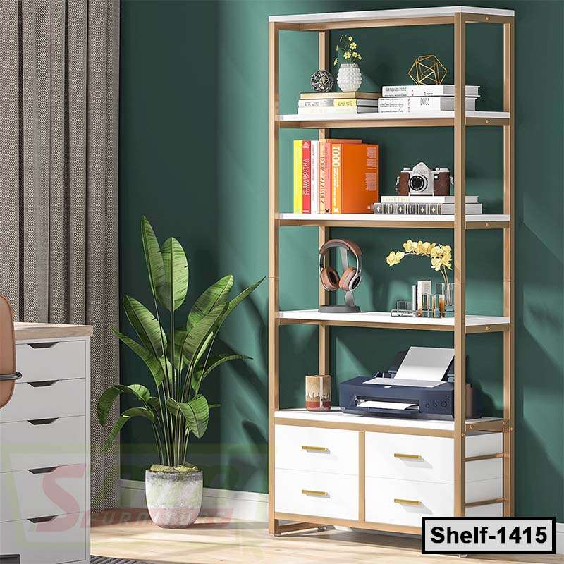 Modern office bookshelf with white drawers, books, decor, and printer against green wall