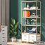 Modern office bookshelf with white drawers, books, decor, and printer against green wall