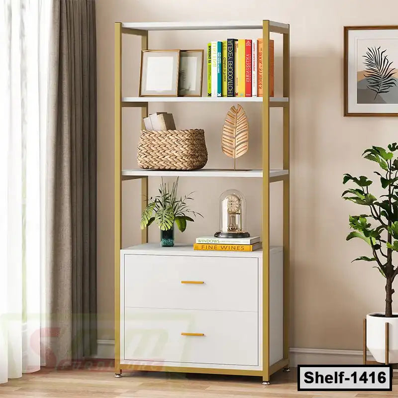 Modern white and gold bookshelf with drawers, books, decor, and plants in a bright living room Main image