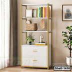 Modern white and gold bookshelf with drawers, books, decor, and plants in a bright living room