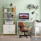 Modern white and gold bookshelf with books, decor, printer beside home office desk and chair